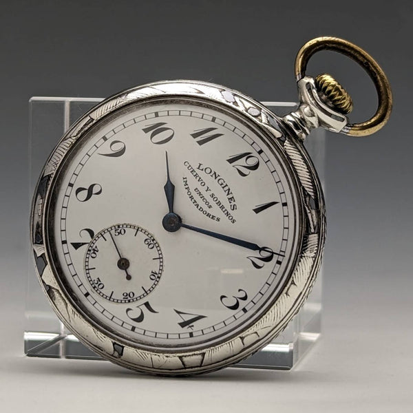 1921年頃 アンティーク ロンジン 懐中時計 ニエロ装飾銀側ケース 動作良好